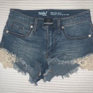 High waisted denim shorts with lace detailing